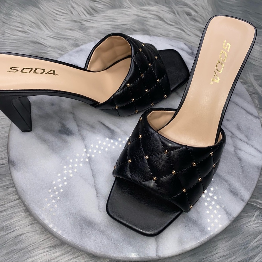 Black High Heel Sandals with Gold Studs